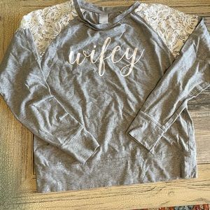 Wifey long sleeve shirt with lace shoulders